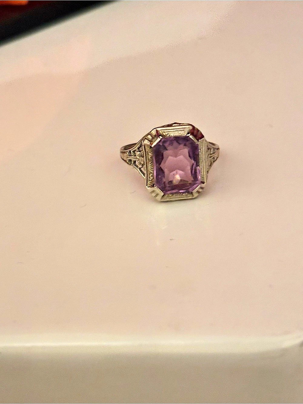 Antique 14k White Gold Amethyst Edwardian Ring Size 7.25
